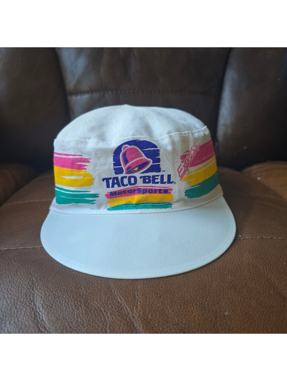 Vintage 90s Taco Bell Motorsports Express Painter Cap Flat Brim Hat White AS-IS